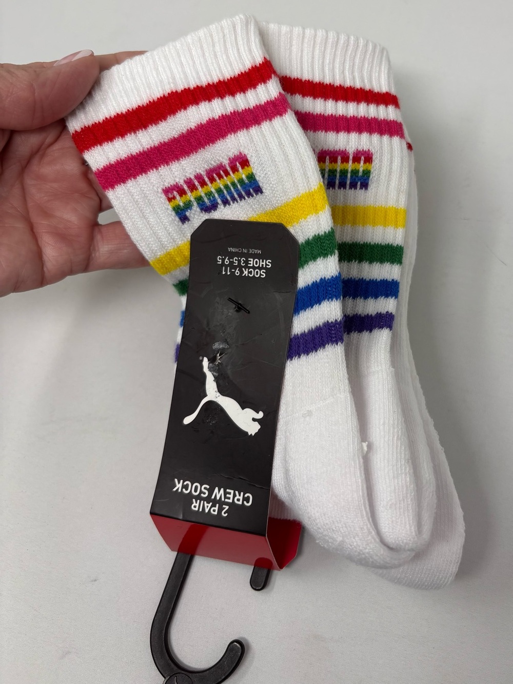 PUMA Rainbow Stripe Crew Socks 2 Pair White Sock Size 9–11 NWT